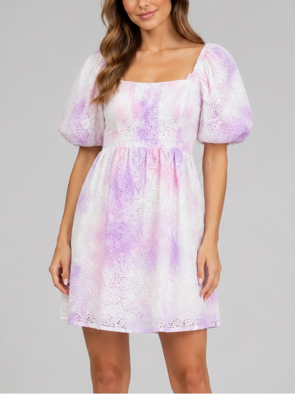 🆕🪻🌸Saltwater Luxe XS Pink Lilac Tie Dye Eyelet Puff Sleeve Mini Dress Casual